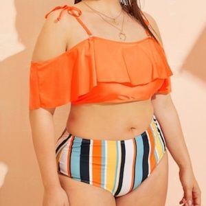 Plus Flounce Detachable Strap Top With Striped Bik